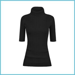 Highly Stretchy Ribbed Knit Fitted Sweater Half Sleeve Turtleneck